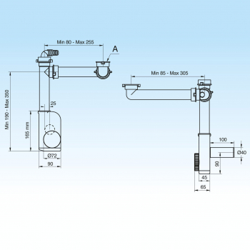Raumspar - Siphon 1 1/2" Küchenspüle,  super platzsparend,  Wandanschluss 40 + 50mm Lira 9.1290.03